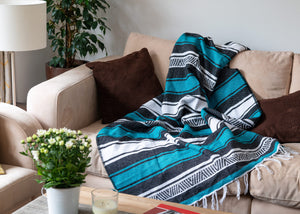 Cotton Falsa Blanket with Fringes Teal - MADEINMEXI.CO